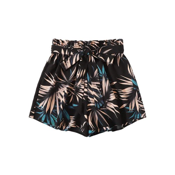 Palm Leaves Black Madam Elegant Shorts Refreshing Elastic Waist Shorts For Summer Beach