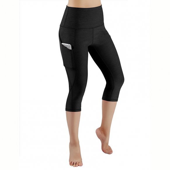 High Waist Out Pocket Yoga Pants Tummy Control Workout Running 4 Way Stretch Yoga Leggings - Blcak